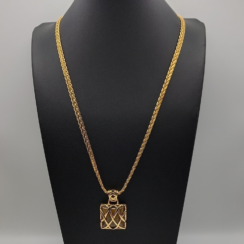 Gold Wheat Spiga Italian Chain Necklace RMN Caged Tiger Eye Pendant 28" #205